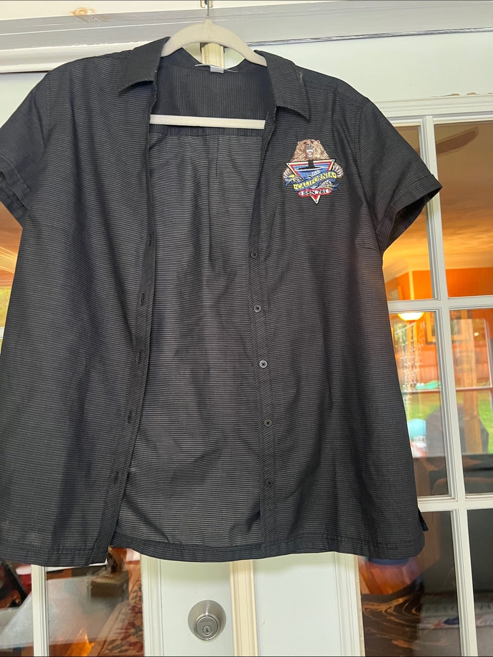 Black Short-Sleeve women's Button-Up Shirt with Embroidered Patch
